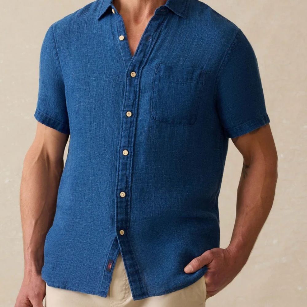 Faherty Short Sleeve Palma Linen Shirt Indigo Basketweave Small NWT